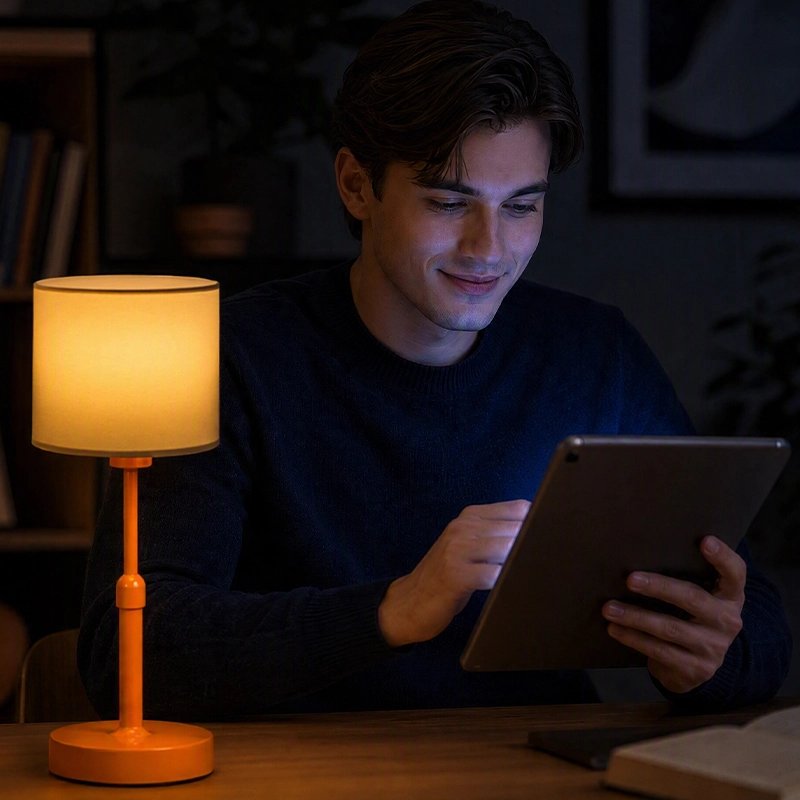 Lampe de table orange homme sur bureau