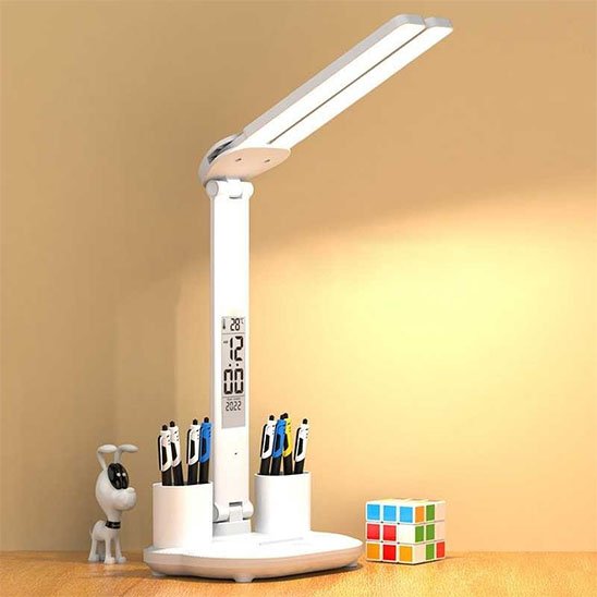 Lampe bureau avec porte crayon et horloge intégré