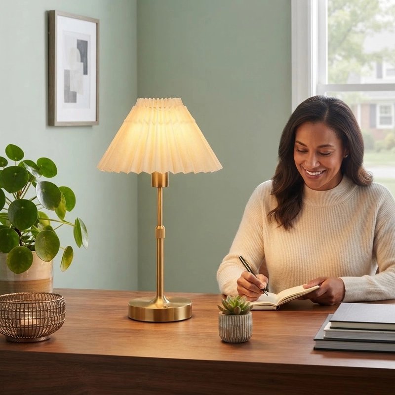 Lampe de table doré sur bureau de travail,femme souriante