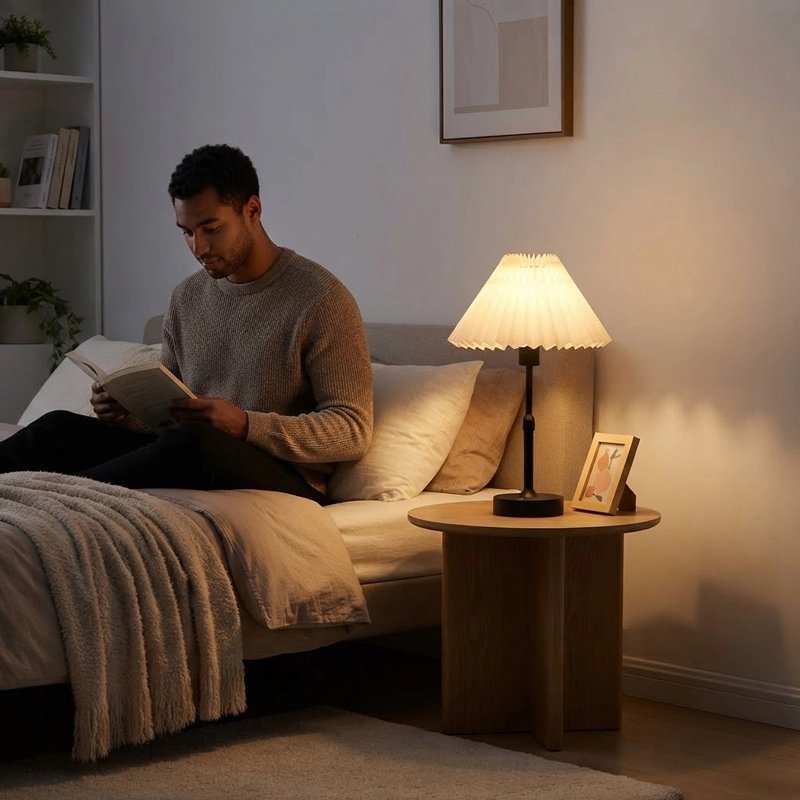 Lampe de table noirsur table chevet homme allongé au lit