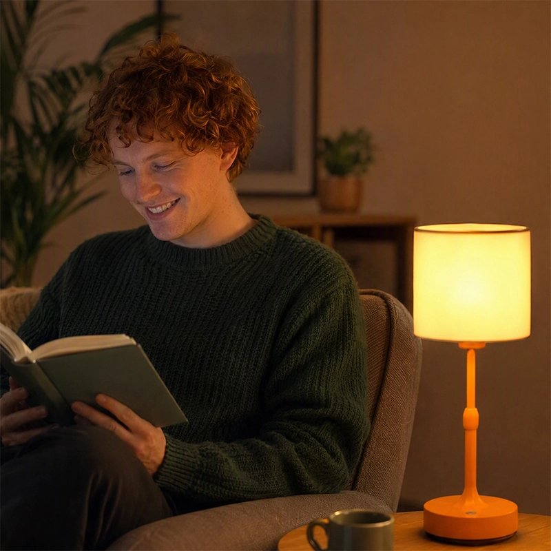 Lampe de table orange homme lit un livre